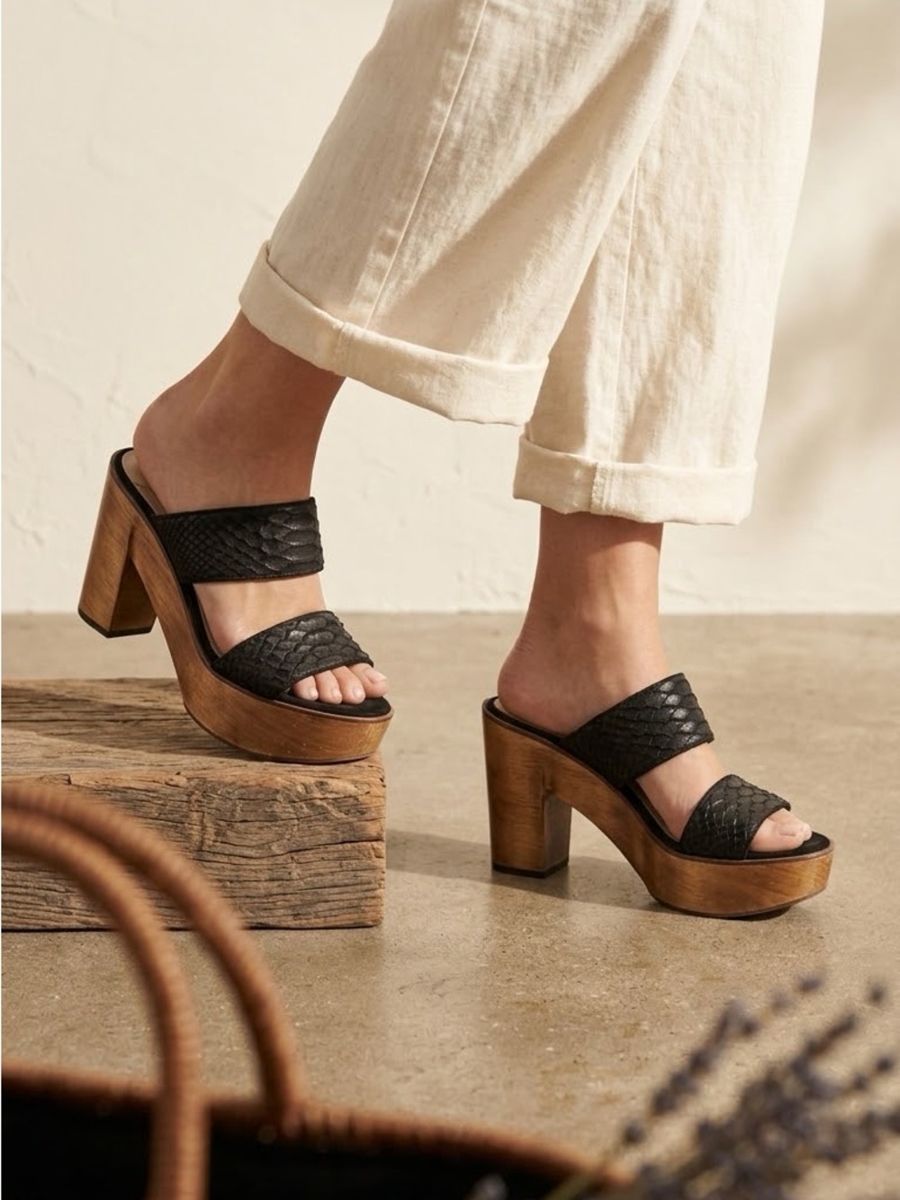 10 Crosby Derek Lam Black Woven Leather Boho Platform Mules Size 7